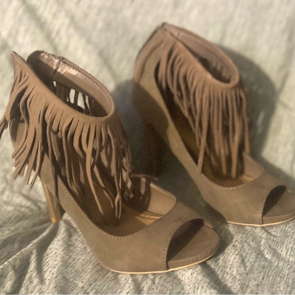 Brash Brown Fringe Peep-Toe Heels